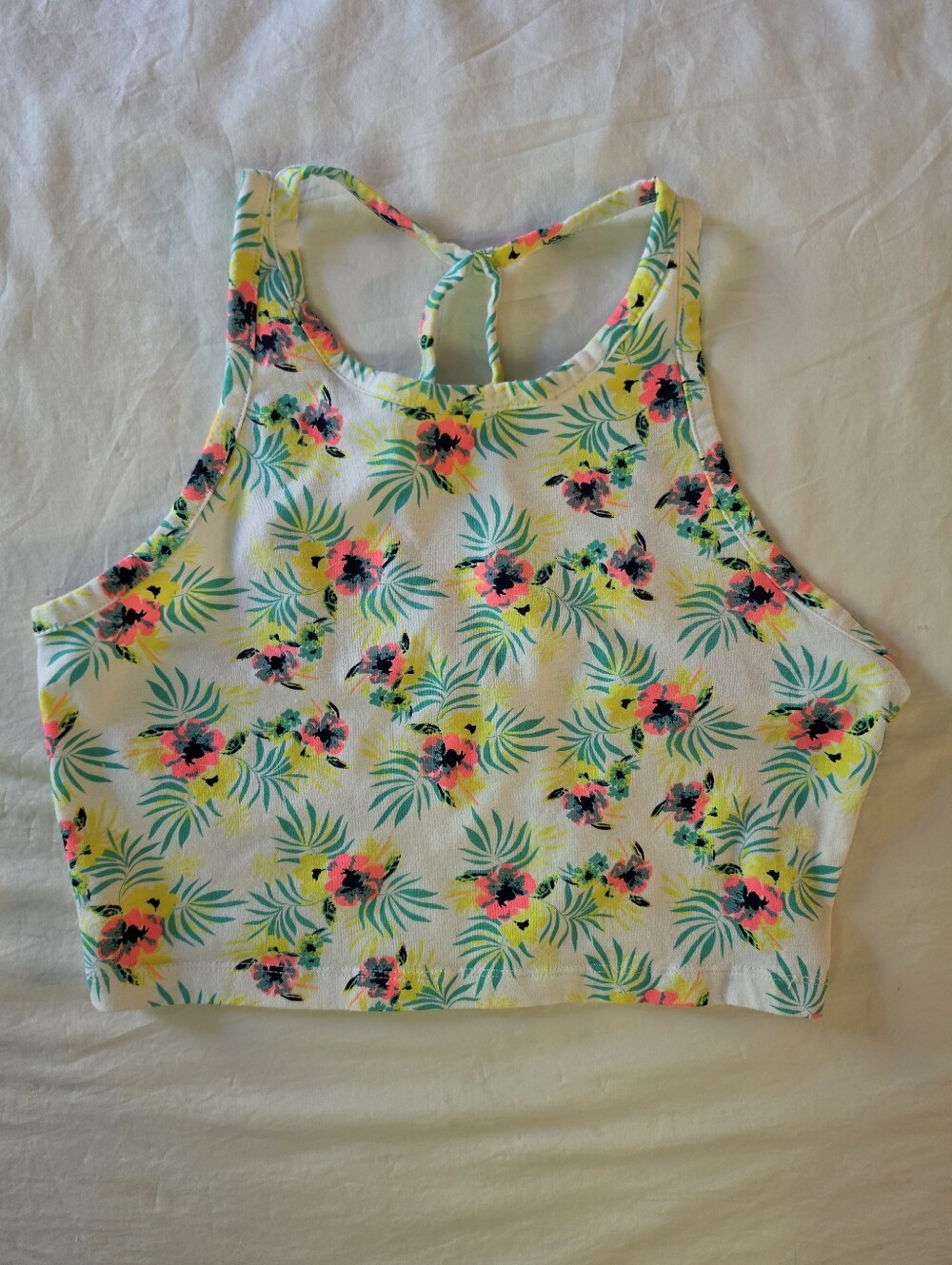 Charlotte Russe Neon Tropical Floral Crop Top Women's L Cage Back Beach